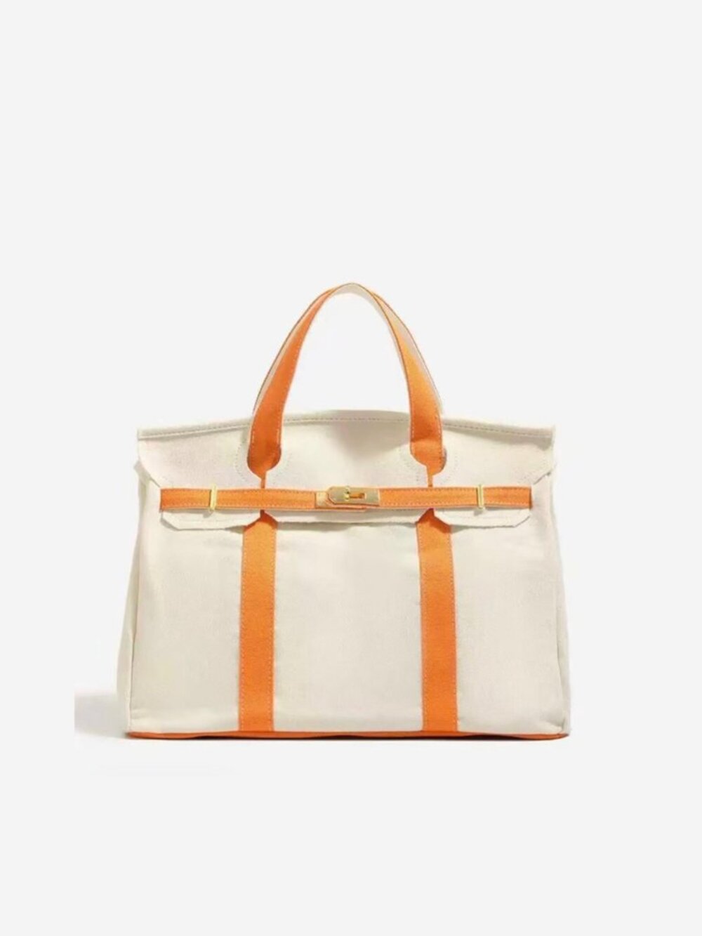 The Boatkin Canvas Tote Bag - Spacious Bag Beige & Orange w/ Gold Buckle
